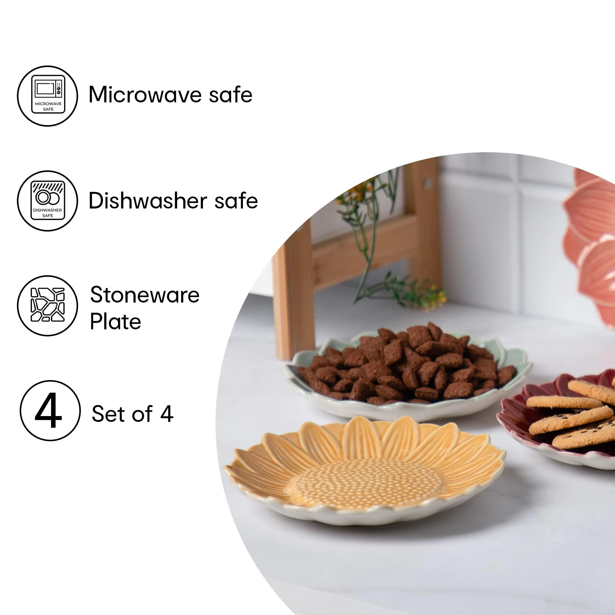 Anko 7" Flower Pattern Stoneware Plates - Set of 4 | Oven & Dishwasher Safe Plates for Kitchen, Dining, Restaurants, Gifting | Aesthetic Plates for Snacks & Dinner | Green, Orange, Yellow, Red