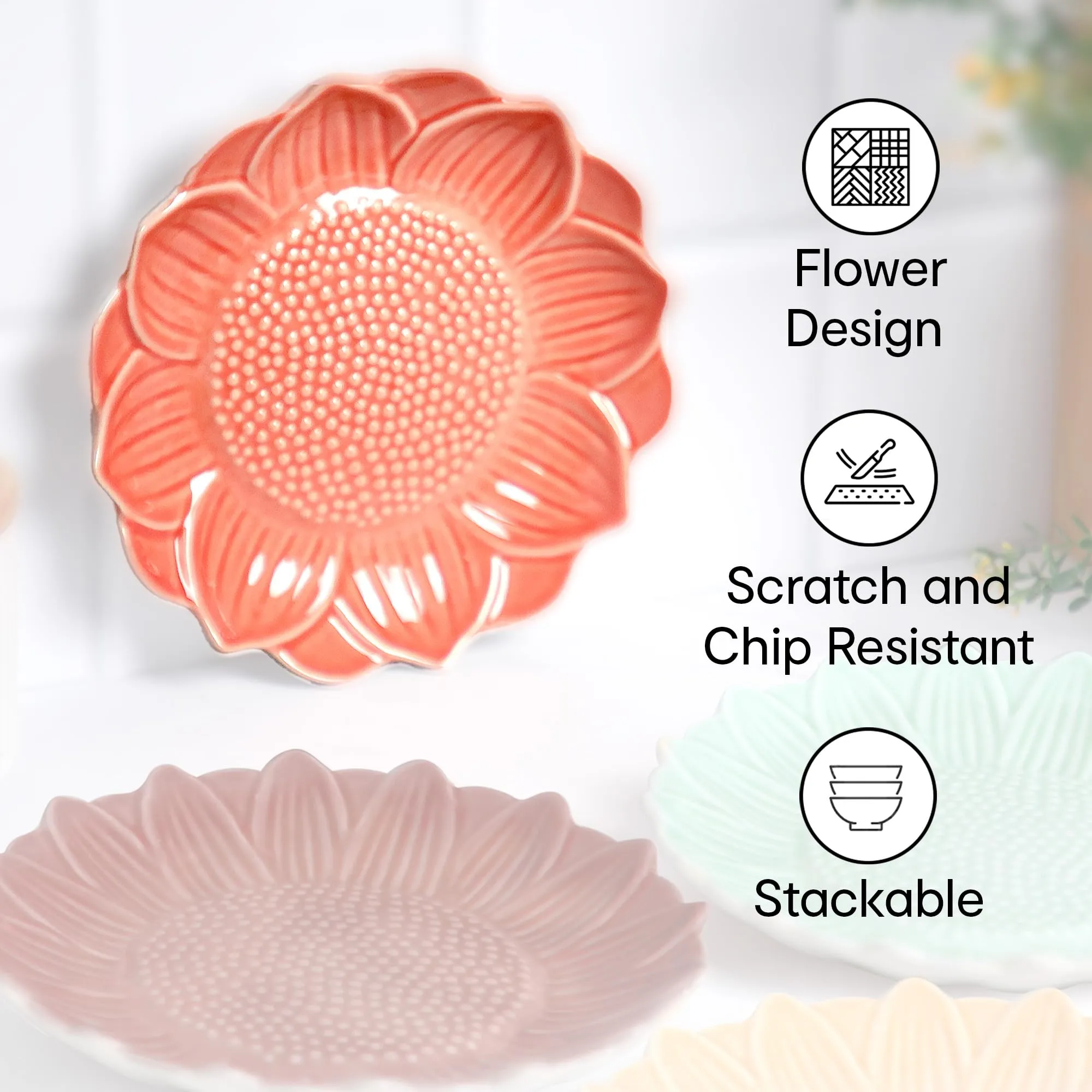 Anko 7" Flower Pattern Stoneware Plates - Set of 4 | Oven & Dishwasher Safe Plates for Kitchen, Dining, Restaurants, Gifting | Aesthetic Plates for Snacks & Dinner | Green, Orange, Yellow, Red