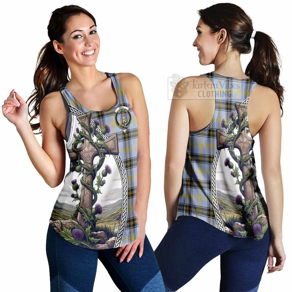 Bell Tartan Women's Racerback Tanks with Family Crest and St. Andrew's Cross Accented by Thistle Vines