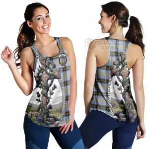 Bell Tartan Women's Racerback Tanks with Family Crest and St. Andrew's Cross Accented by Thistle Vines