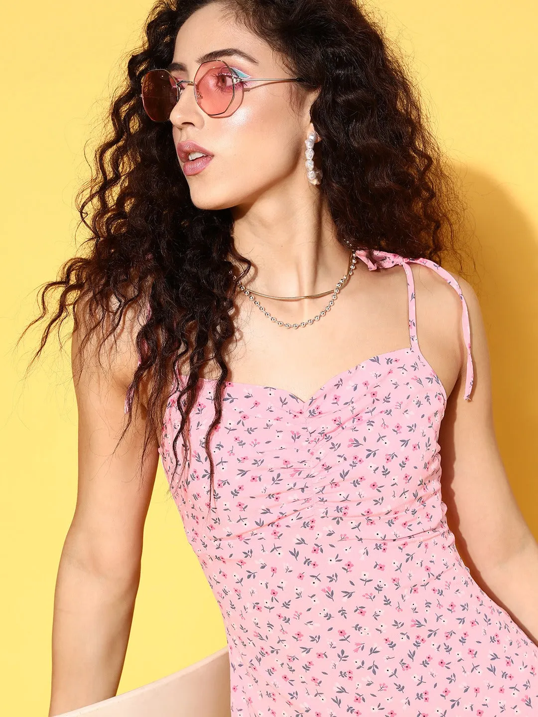Berrylush Women Pink & White Floral Printed Square Neck Tie-Up Strap Thigh-High Slit Straight Hem Sheath Midi Dress