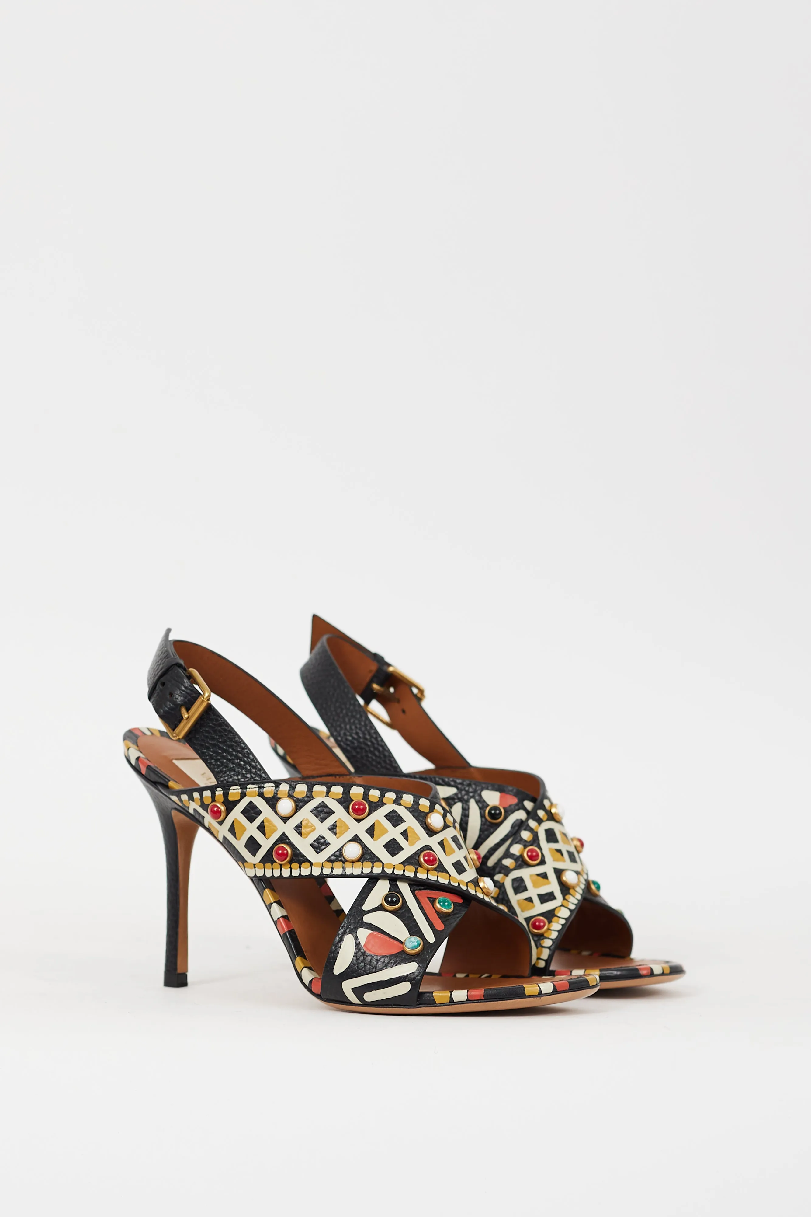 Black & Multicolour Leather Painted & Embellished Heel
