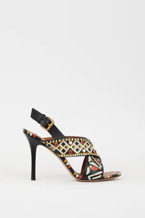 Black & Multicolour Leather Painted & Embellished Heel