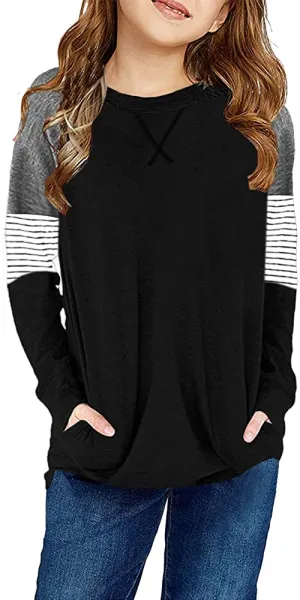 Little Girls' Black Color Block Raglan Sleeves Stripe Pullover Top