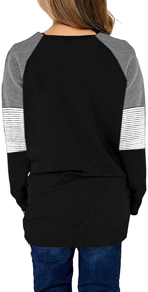 Little Girls' Black Color Block Raglan Sleeves Stripe Pullover Top
