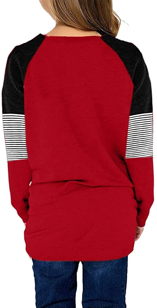 Little Girls' Red Color Block Raglan Sleeves Stripe Pullover Top