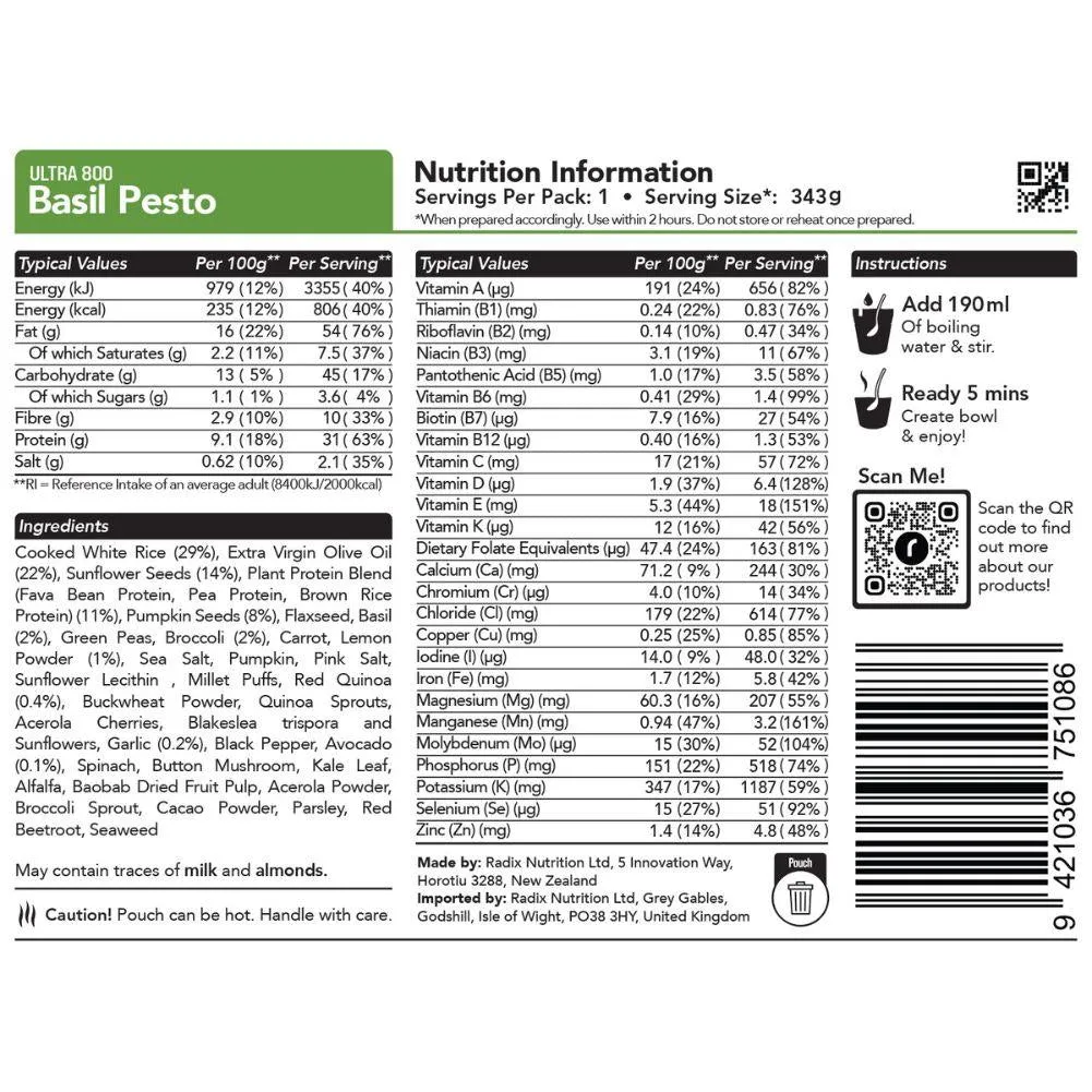 Radix Nutrition Ultra Meals v8.0 - 800Kcal (Basil Pesto)