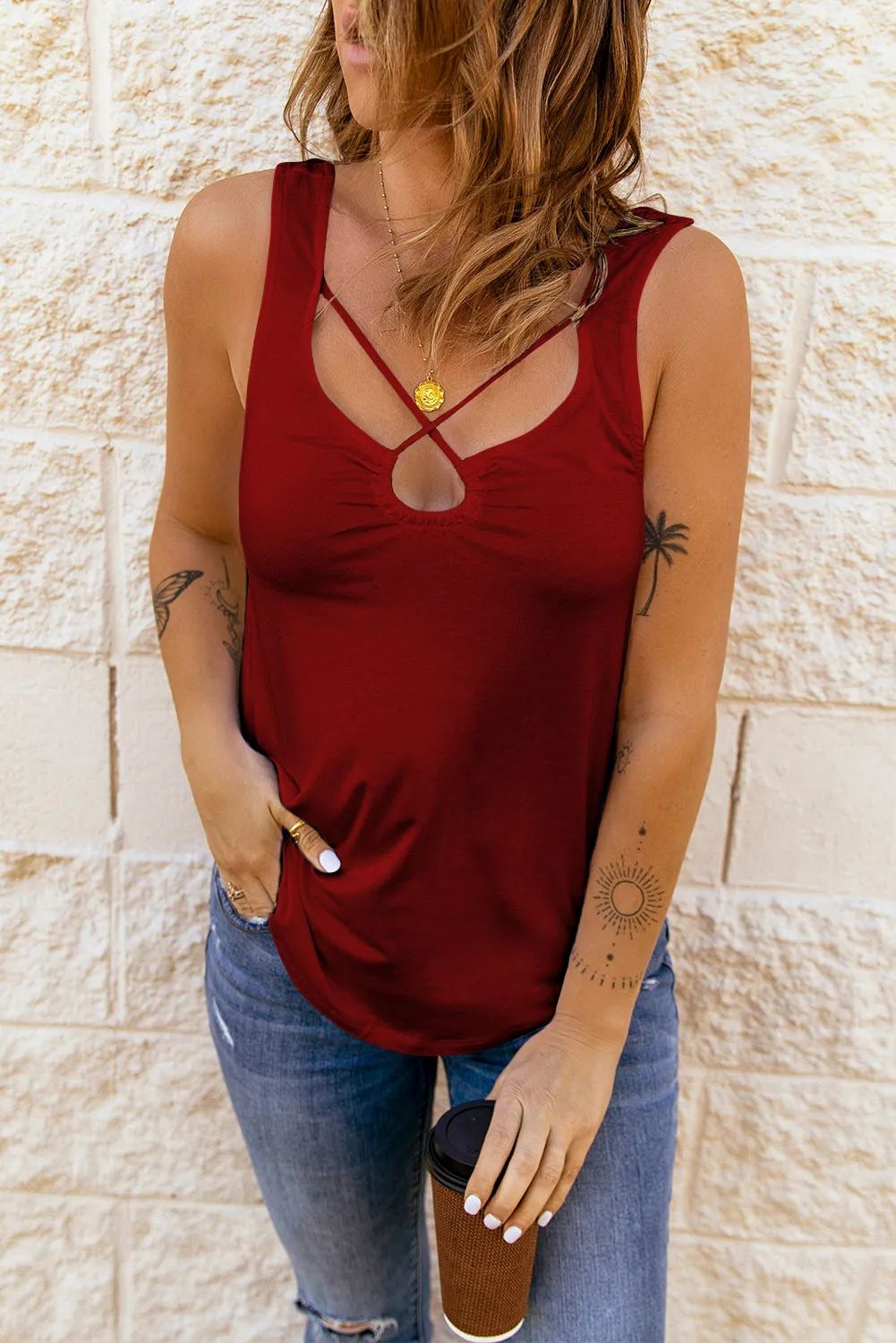 Solid U Neck Criss Cross Tank Top
