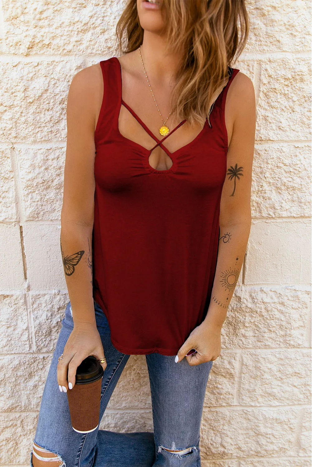 Solid U Neck Criss Cross Tank Top