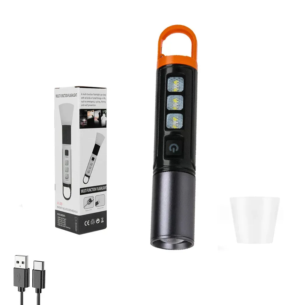 White Laser Flashlight Internal 18650 Rechargeable Torch 5Modes Zoom Hook Hanging Side Tungsten Wire Camping Lamp with Lampshade