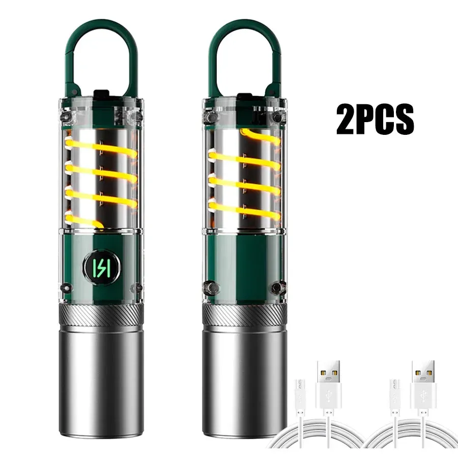White Laser Flashlight Internal 18650 Rechargeable Torch 5Modes Zoom Hook Hanging Side Tungsten Wire Camping Lamp with Lampshade