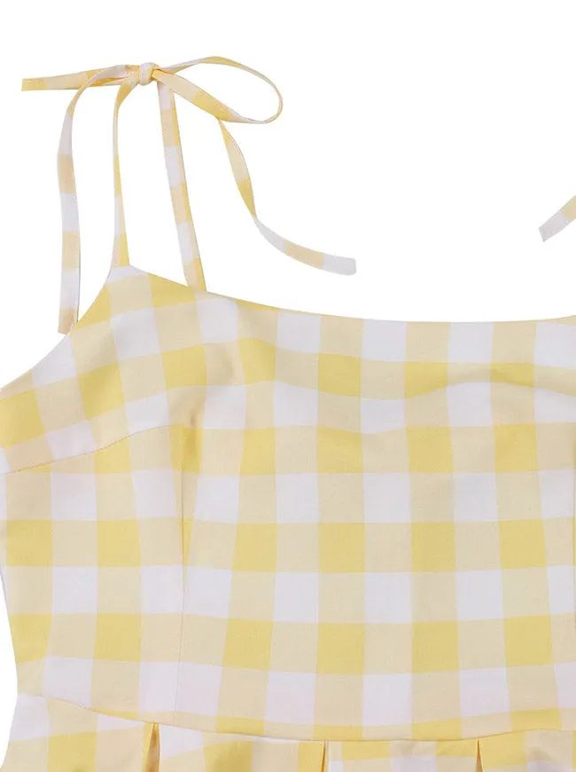 Women 1950s Vintage Rockabilly Spaghetti Strap Bowknot High Waist A Line Plaid Dress Yellow