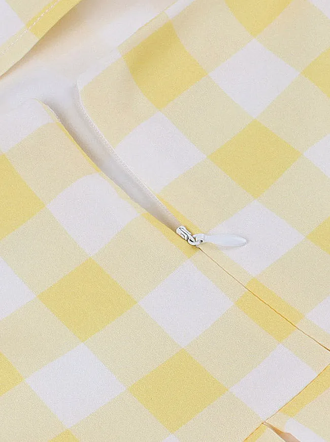 Women 1950s Vintage Rockabilly Spaghetti Strap Bowknot High Waist A Line Plaid Dress Yellow