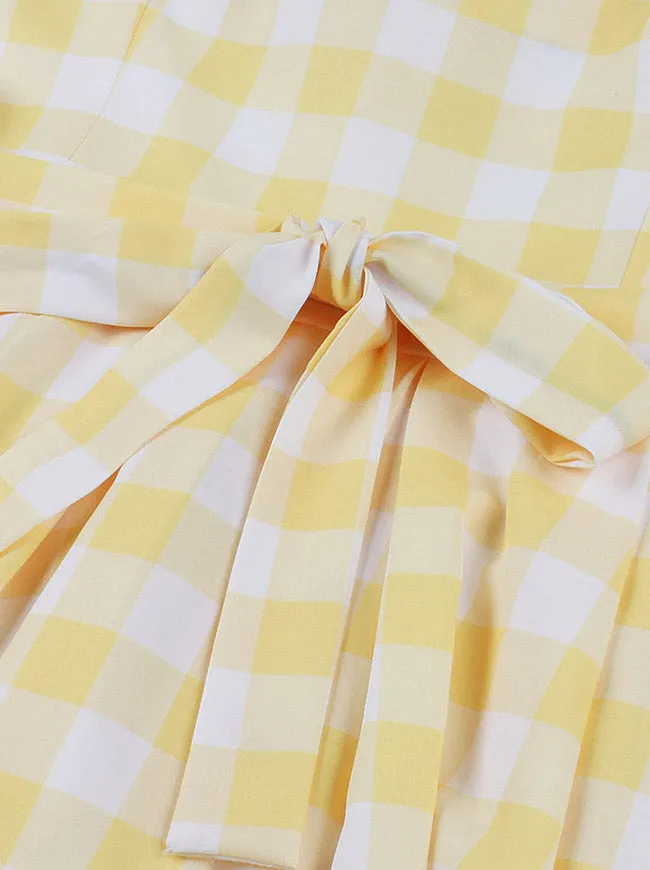Women 1950s Vintage Rockabilly Spaghetti Strap Bowknot High Waist A Line Plaid Dress Yellow
