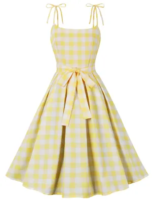 Women 1950s Vintage Rockabilly Spaghetti Strap Bowknot High Waist A Line Plaid Dress Yellow