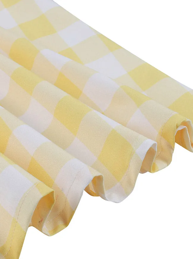Women 1950s Vintage Rockabilly Spaghetti Strap Bowknot High Waist A Line Plaid Dress Yellow