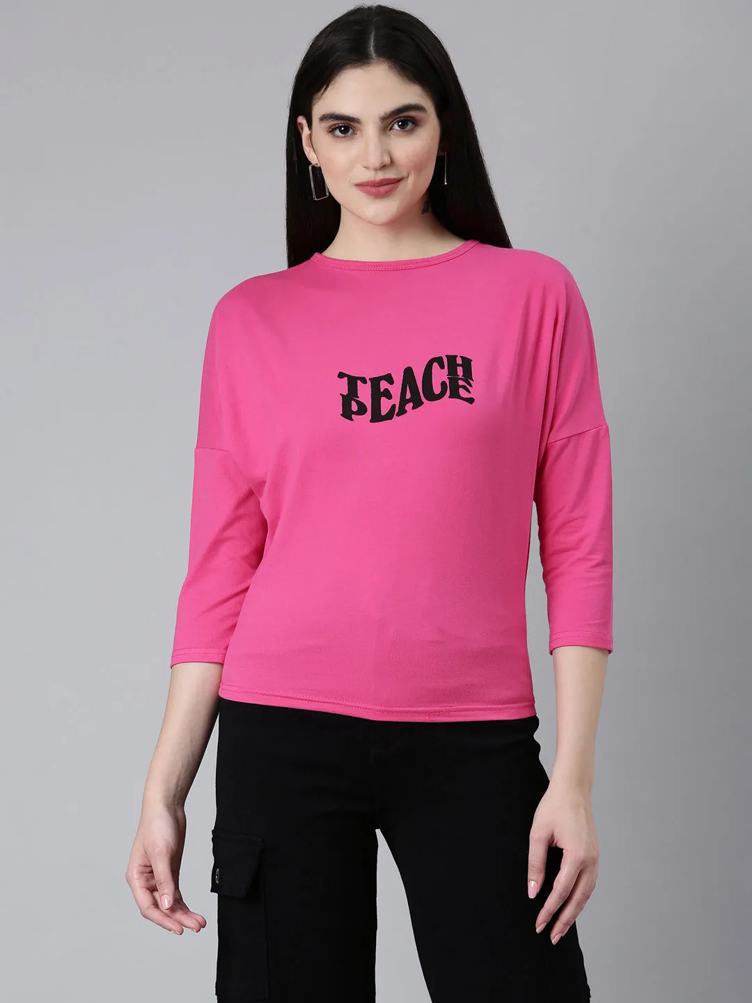Women Pink Typographic Slim Fit Tshirt
